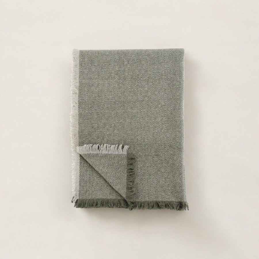 Green & Tan Diamond Pattern Wool Blend Throw Blanket - Izaria Home